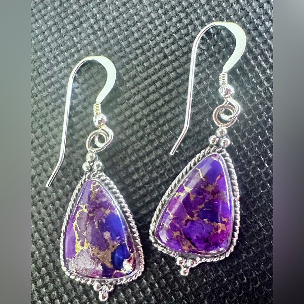 Southwestern Genuine Purple Turquoise drop Earrings in 925 Sterling Silver NWT